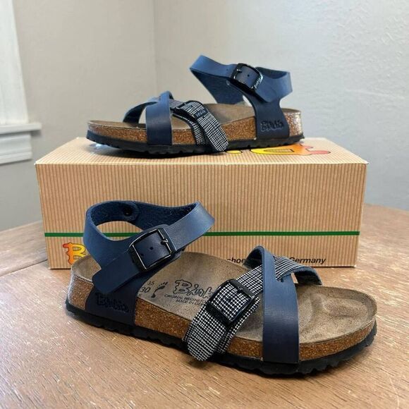 Birkenstock Birki's Lille Sandals women's‎ size 5 (36) blue linen beige leather - Picture 1 of 7